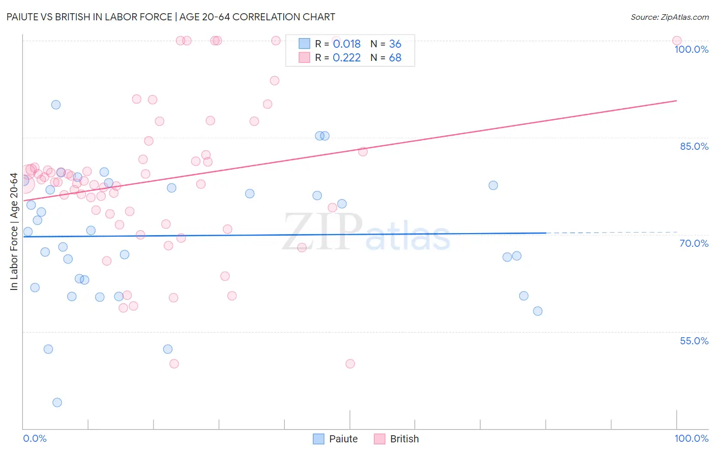 Paiute vs British In Labor Force | Age 20-64