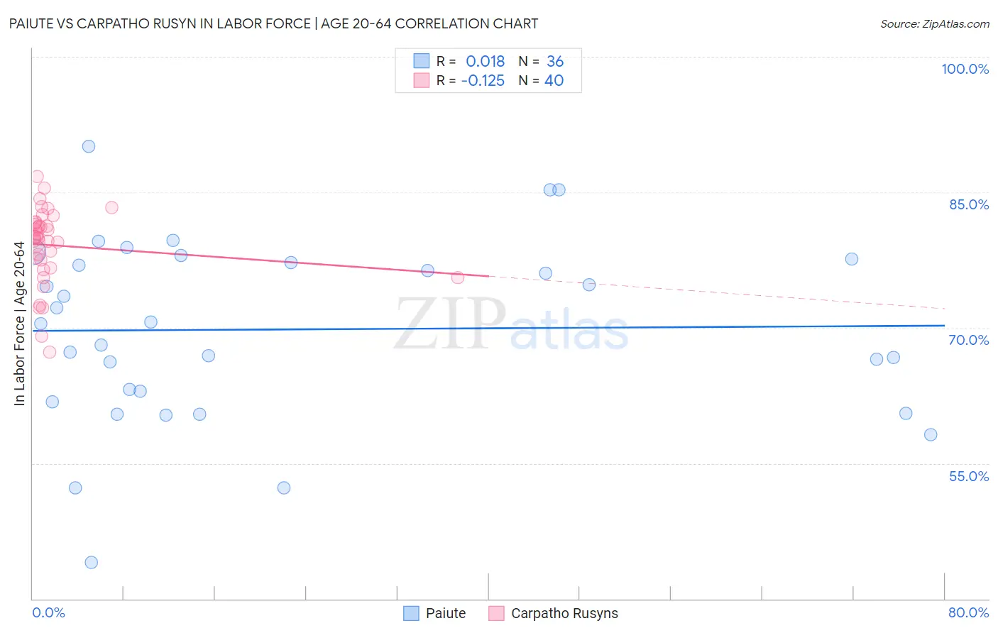 Paiute vs Carpatho Rusyn In Labor Force | Age 20-64
