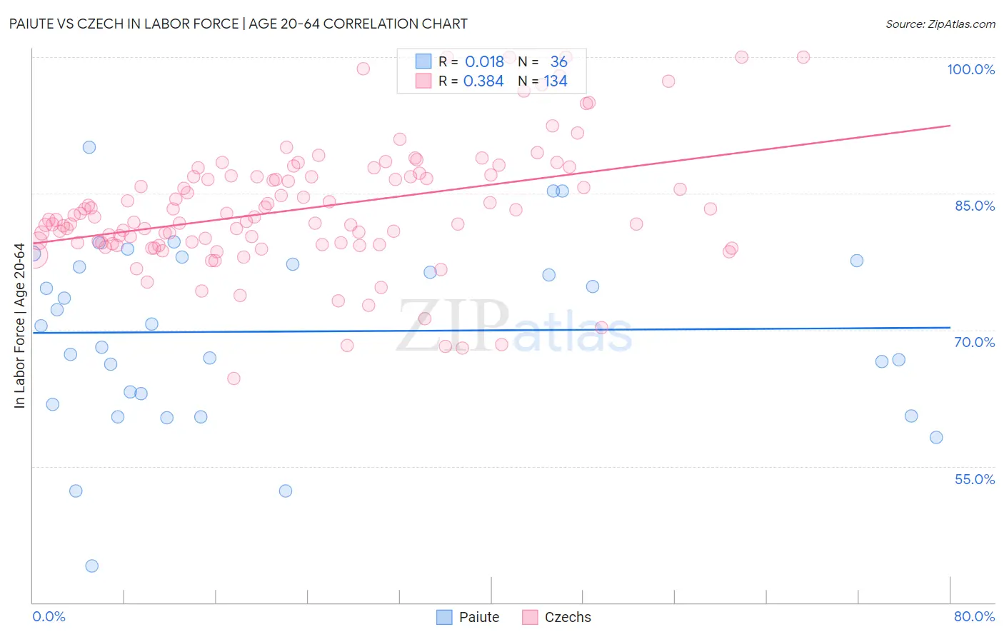 Paiute vs Czech In Labor Force | Age 20-64