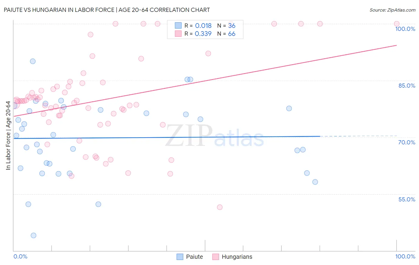 Paiute vs Hungarian In Labor Force | Age 20-64