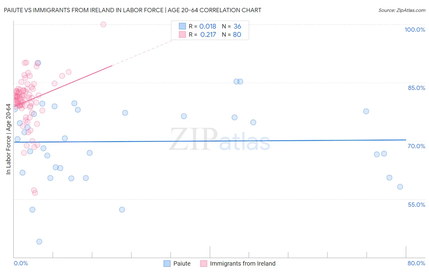 Paiute vs Immigrants from Ireland In Labor Force | Age 20-64