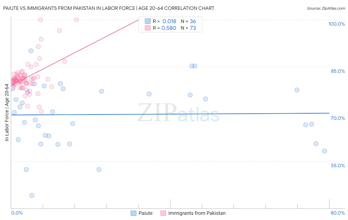 Paiute vs Immigrants from Pakistan In Labor Force | Age 20-64