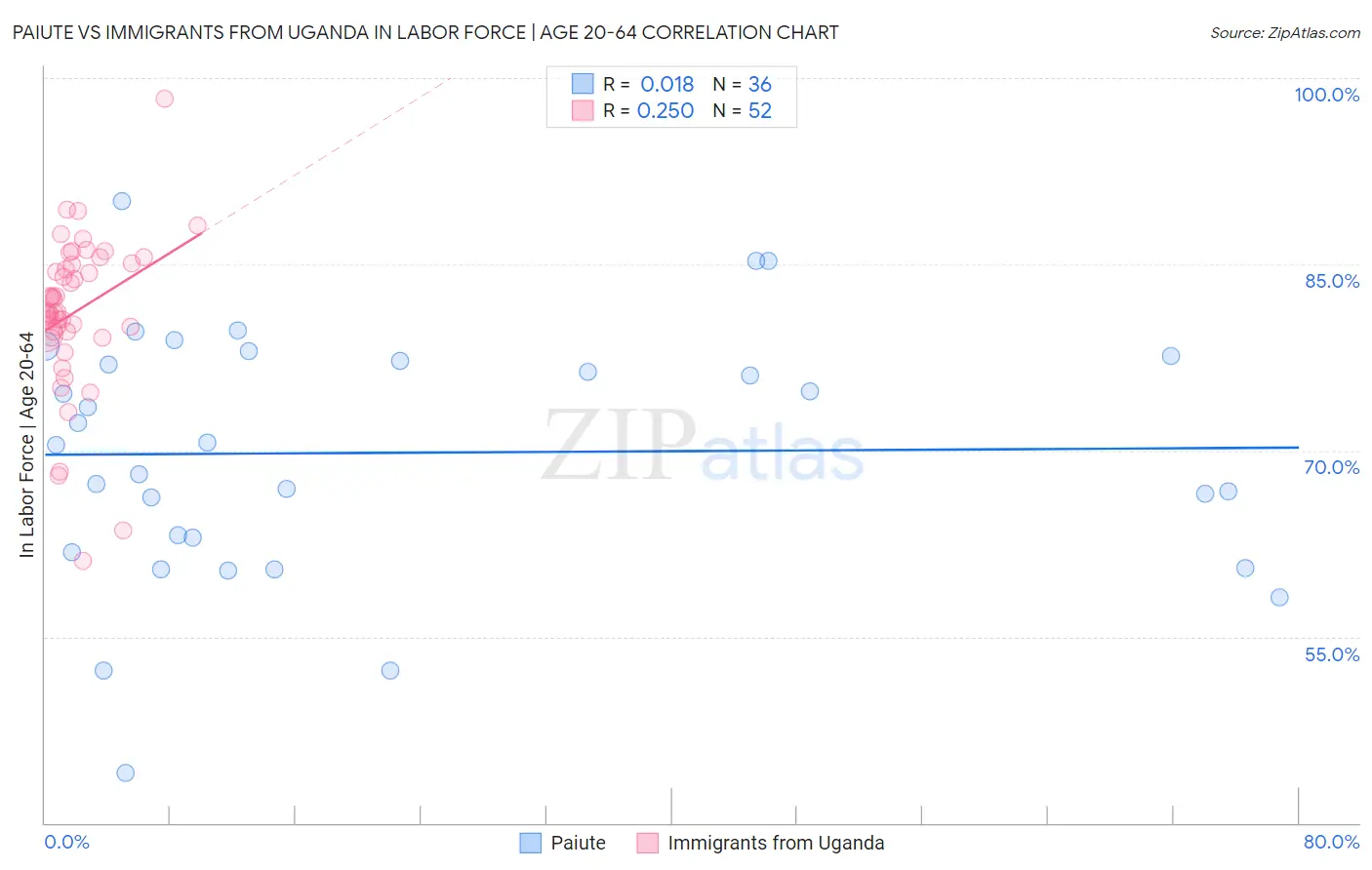 Paiute vs Immigrants from Uganda In Labor Force | Age 20-64