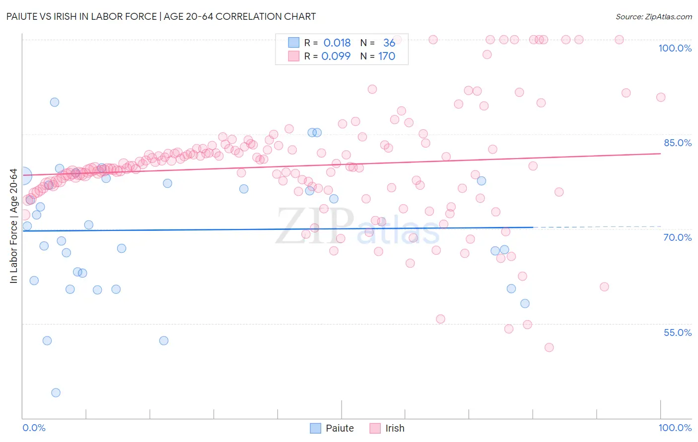 Paiute vs Irish In Labor Force | Age 20-64