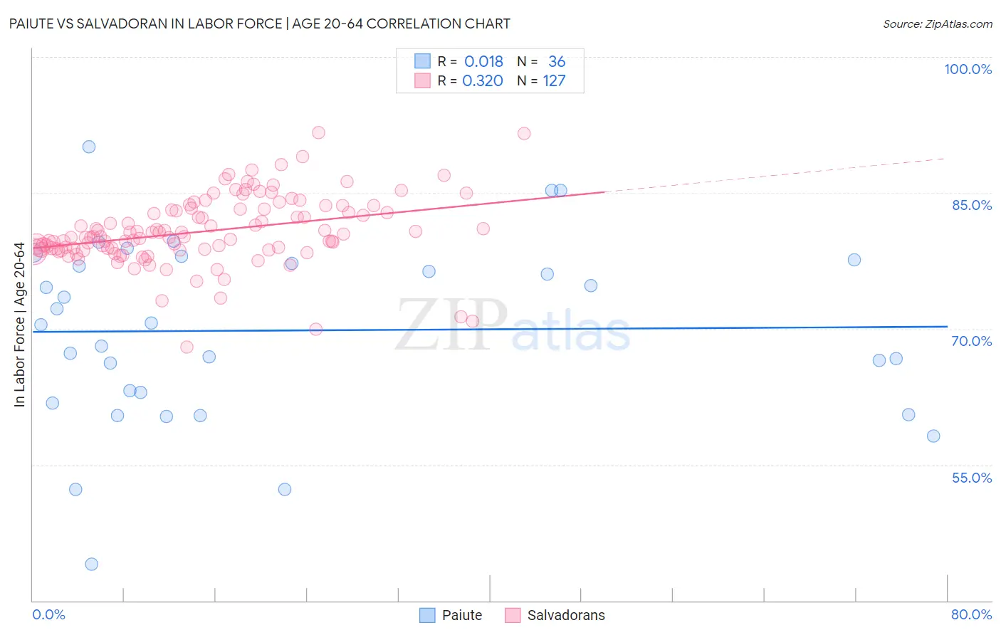 Paiute vs Salvadoran In Labor Force | Age 20-64