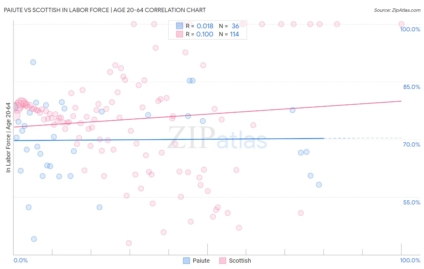 Paiute vs Scottish In Labor Force | Age 20-64
