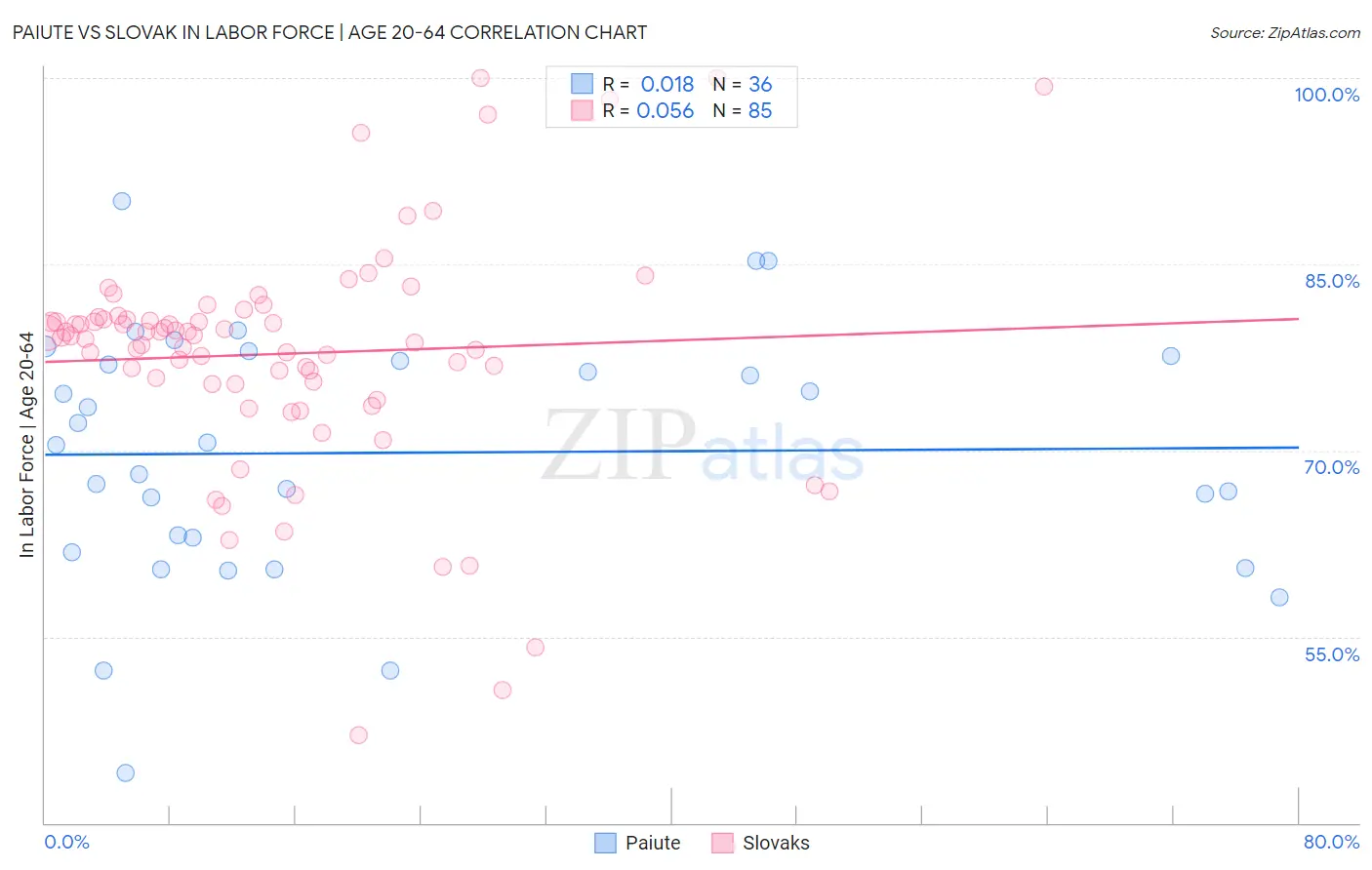 Paiute vs Slovak In Labor Force | Age 20-64