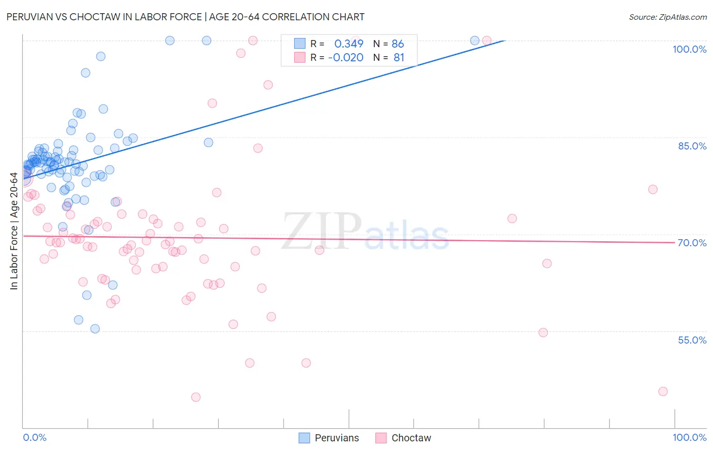 Peruvian vs Choctaw In Labor Force | Age 20-64