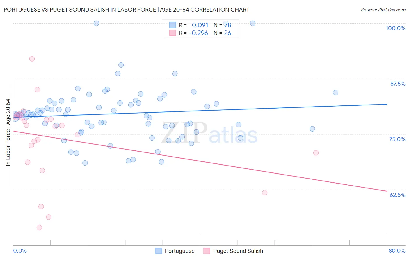 Portuguese vs Puget Sound Salish In Labor Force | Age 20-64