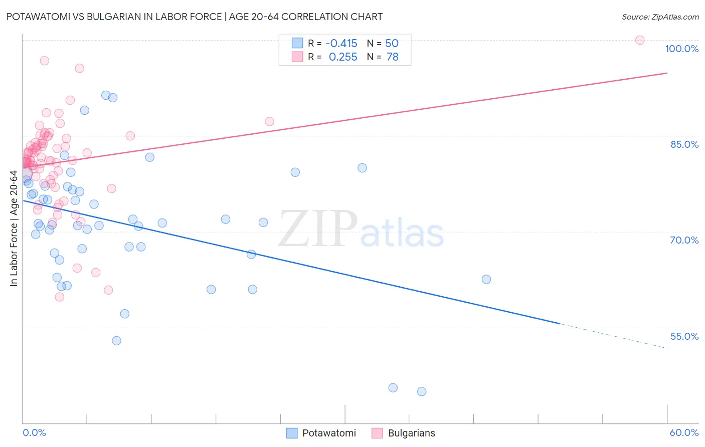 Potawatomi vs Bulgarian In Labor Force | Age 20-64