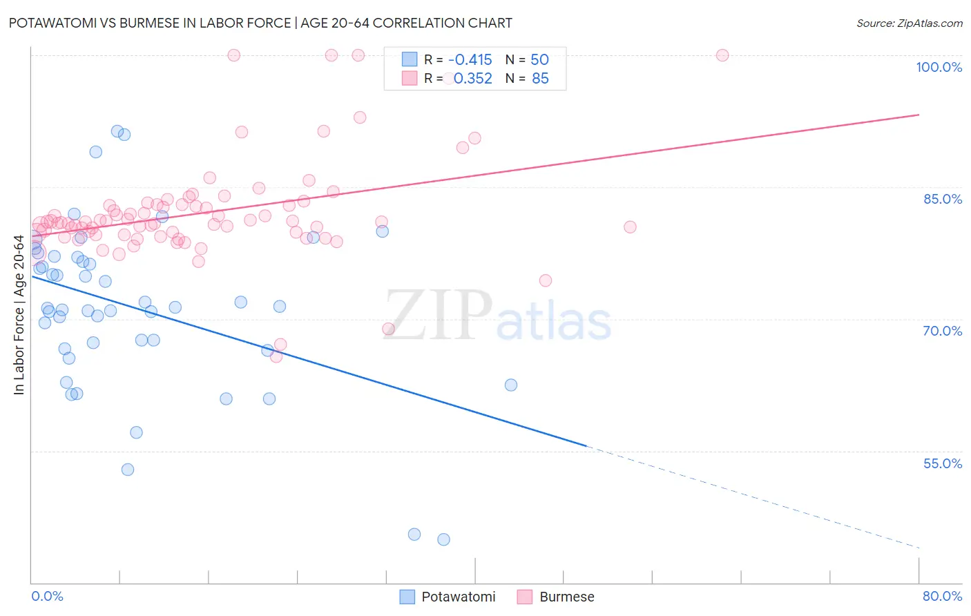 Potawatomi vs Burmese In Labor Force | Age 20-64