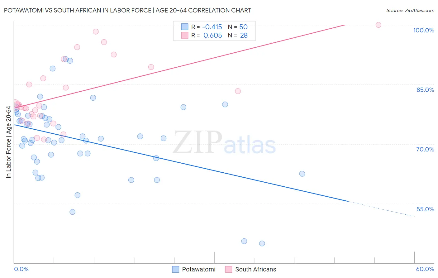 Potawatomi vs South African In Labor Force | Age 20-64