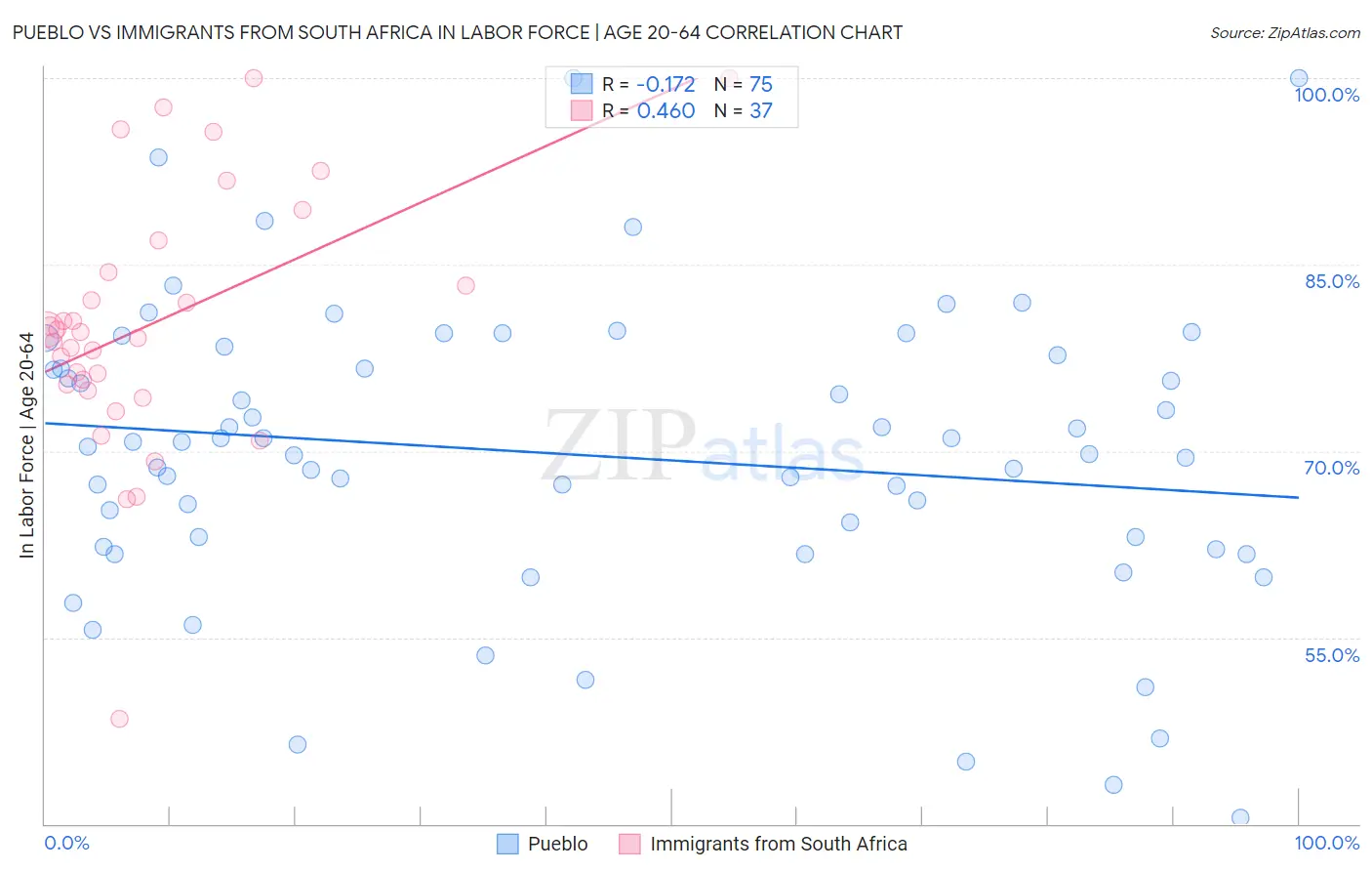 Pueblo vs Immigrants from South Africa In Labor Force | Age 20-64