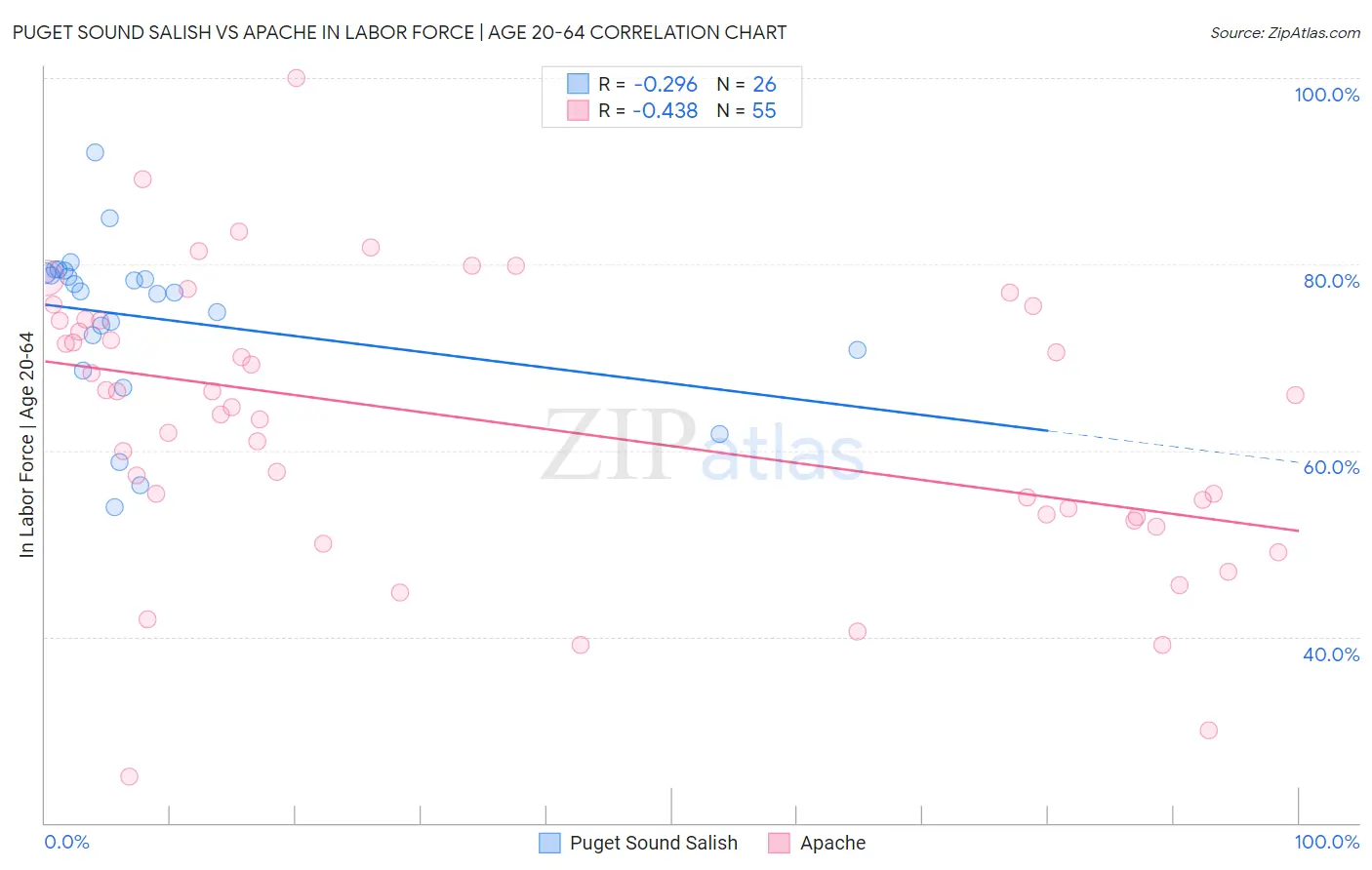 Puget Sound Salish vs Apache In Labor Force | Age 20-64