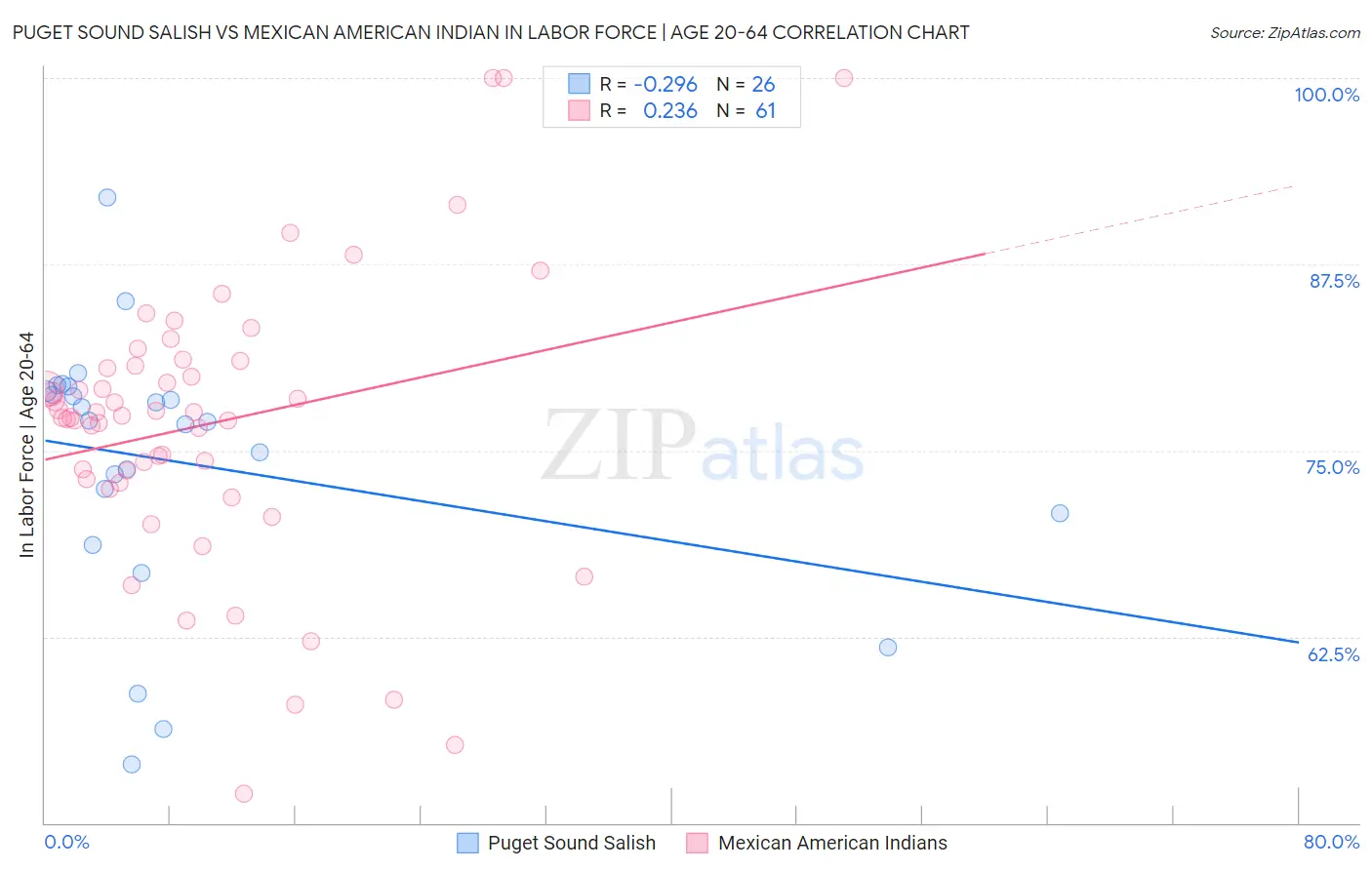 Puget Sound Salish vs Mexican American Indian In Labor Force | Age 20-64