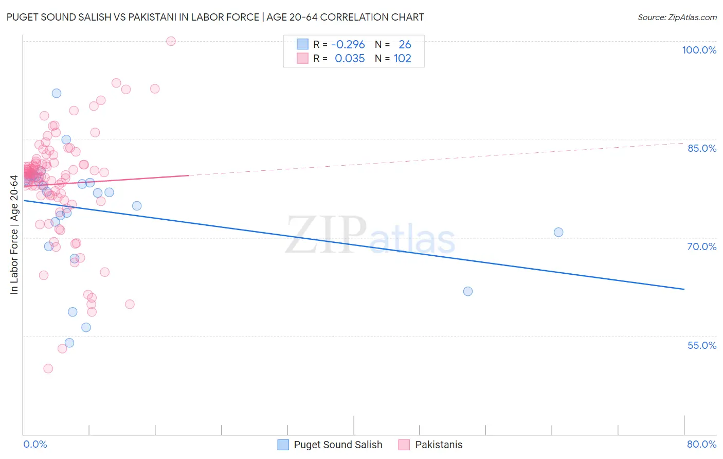 Puget Sound Salish vs Pakistani In Labor Force | Age 20-64