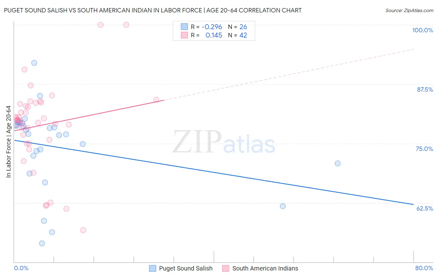 Puget Sound Salish vs South American Indian In Labor Force | Age 20-64