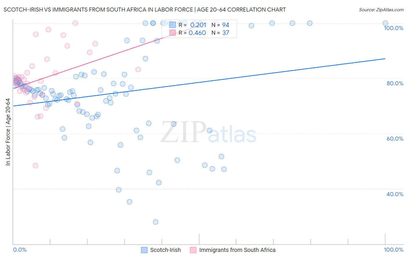 Scotch-Irish vs Immigrants from South Africa In Labor Force | Age 20-64