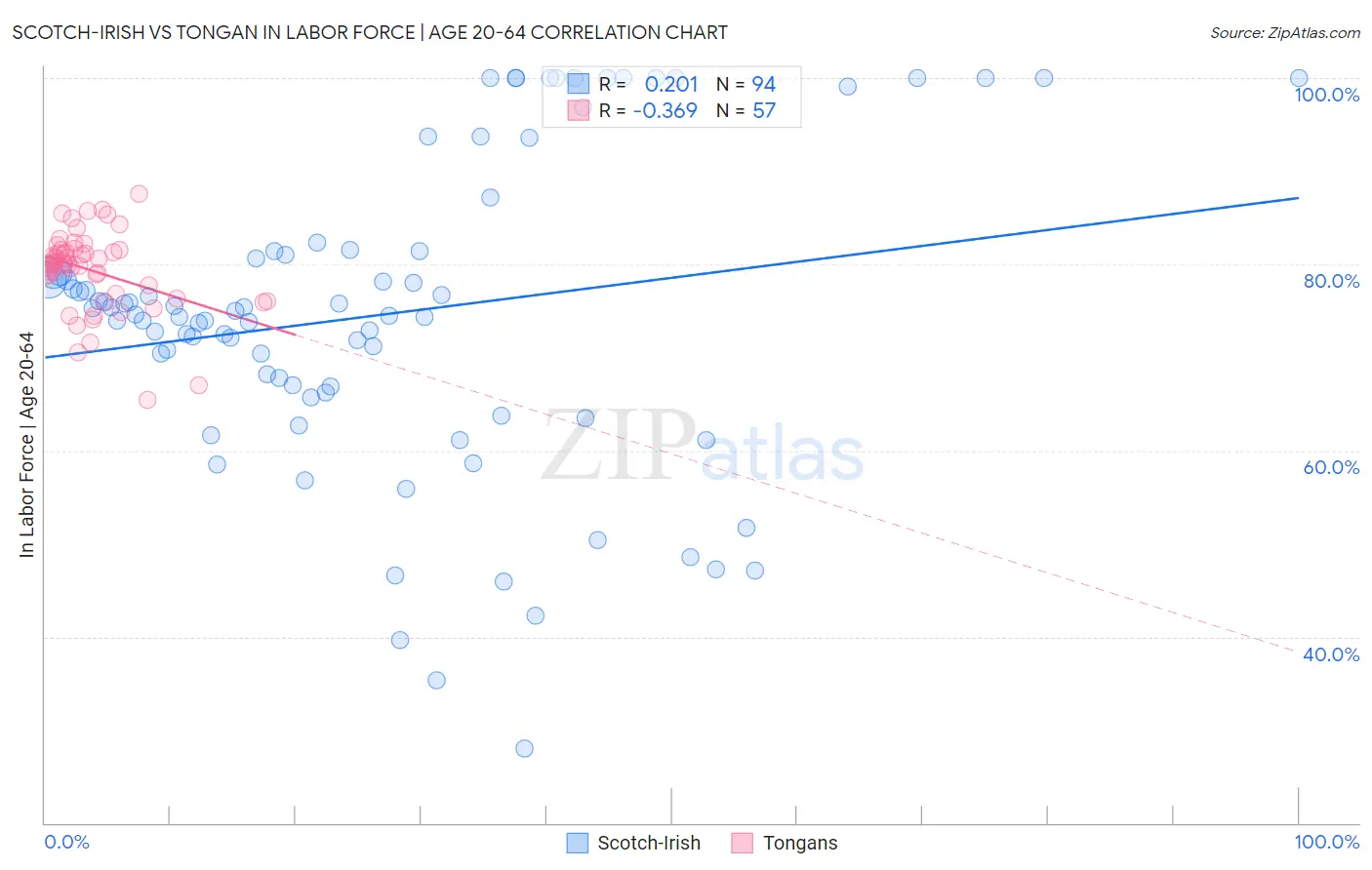 Scotch-Irish vs Tongan In Labor Force | Age 20-64