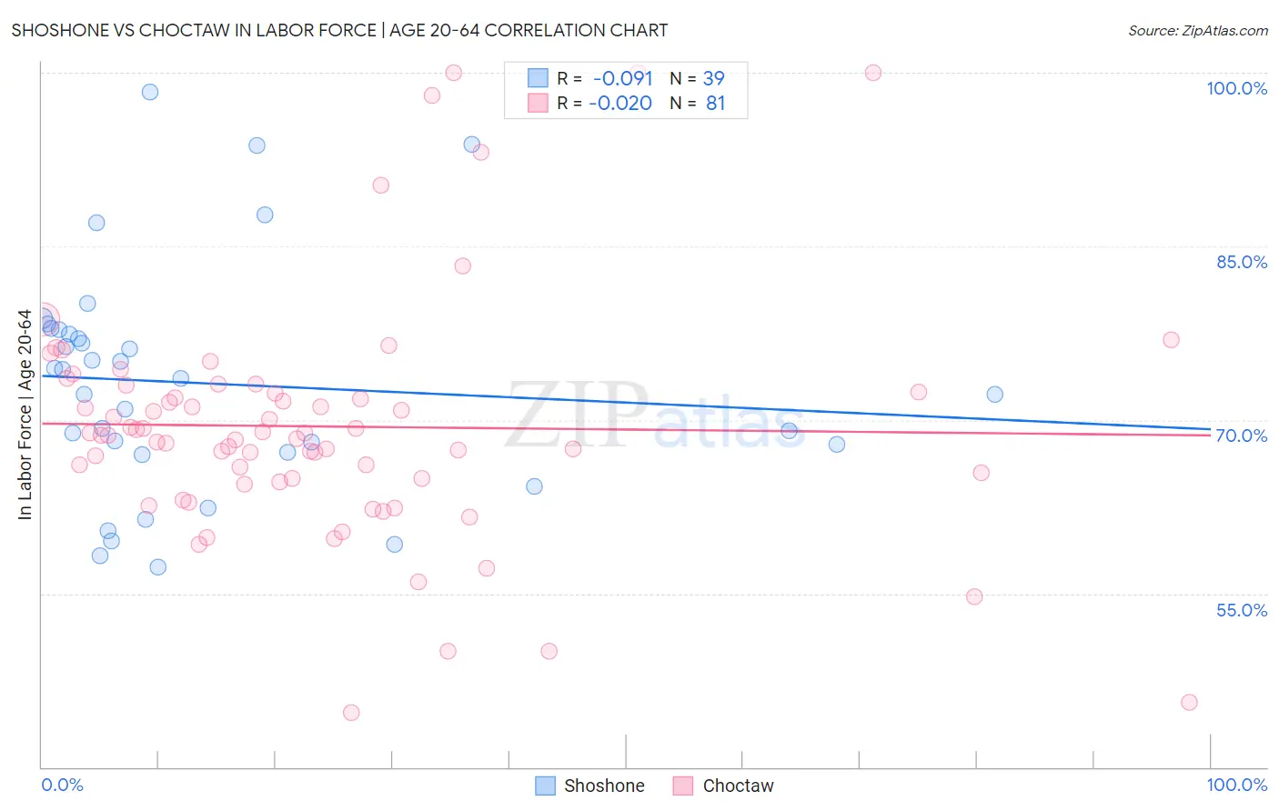 Shoshone vs Choctaw In Labor Force | Age 20-64