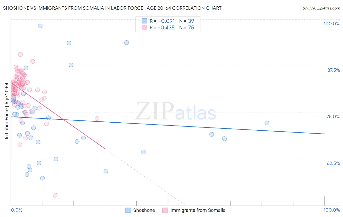 Shoshone vs Immigrants from Somalia In Labor Force | Age 20-64