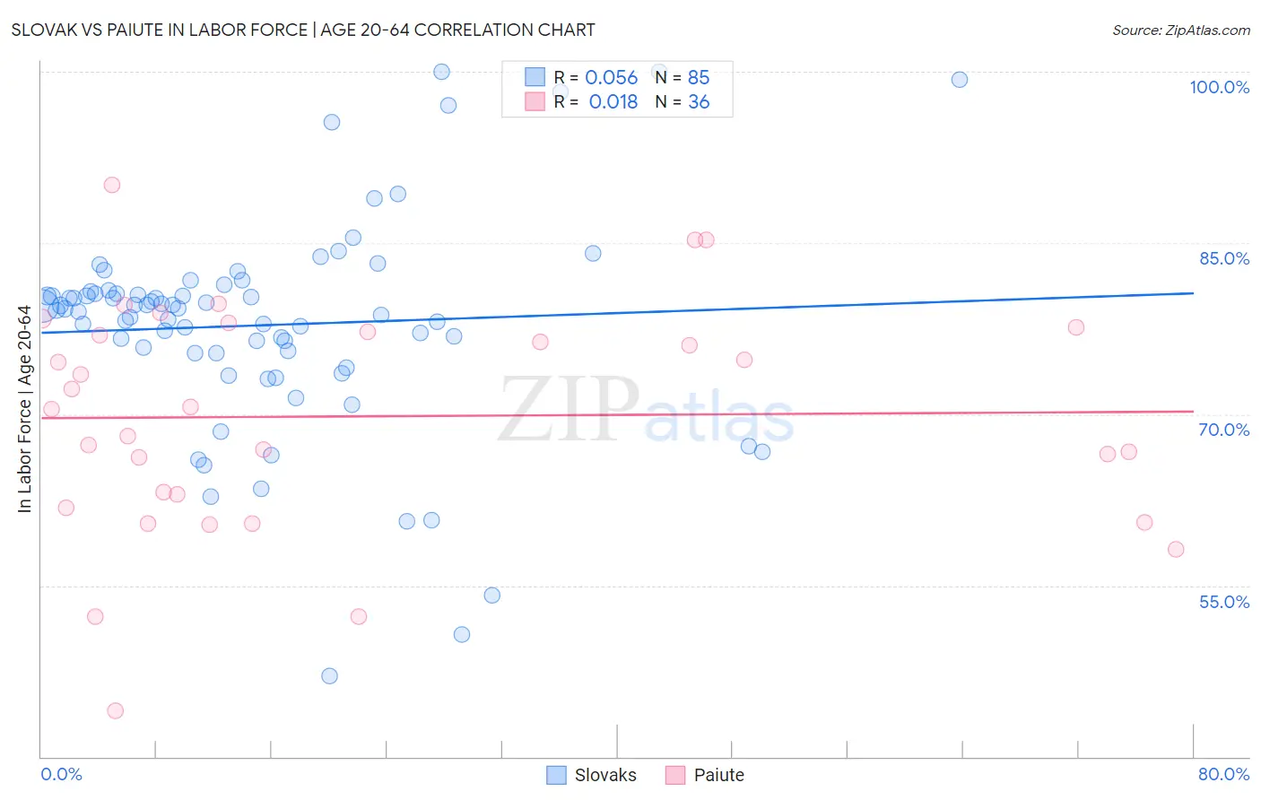 Slovak vs Paiute In Labor Force | Age 20-64