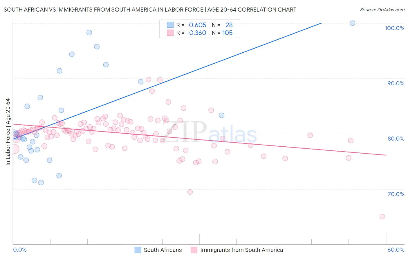 South African vs Immigrants from South America In Labor Force | Age 20-64