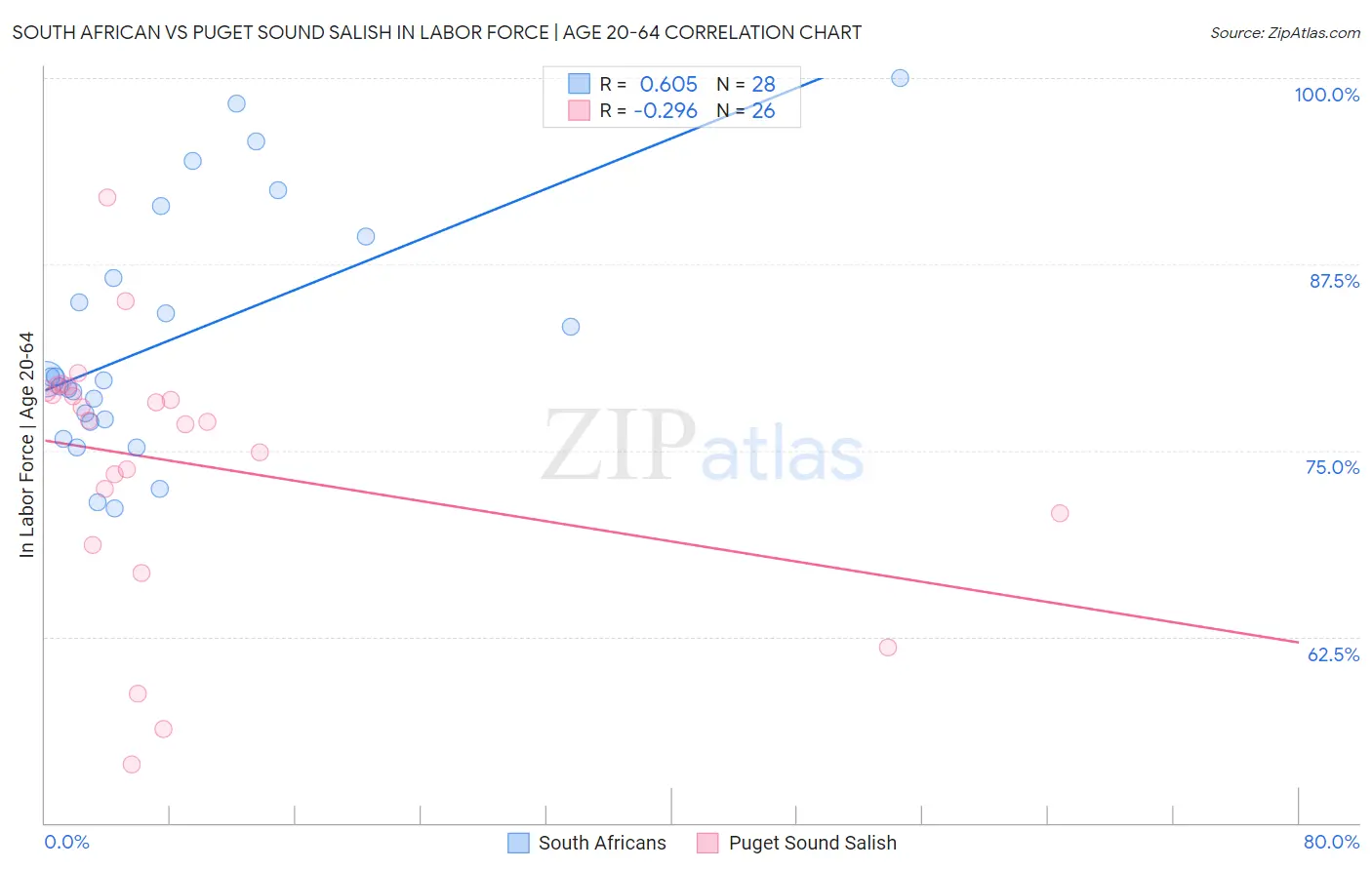 South African vs Puget Sound Salish In Labor Force | Age 20-64