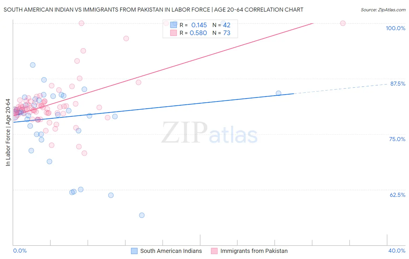 South American Indian vs Immigrants from Pakistan In Labor Force | Age 20-64