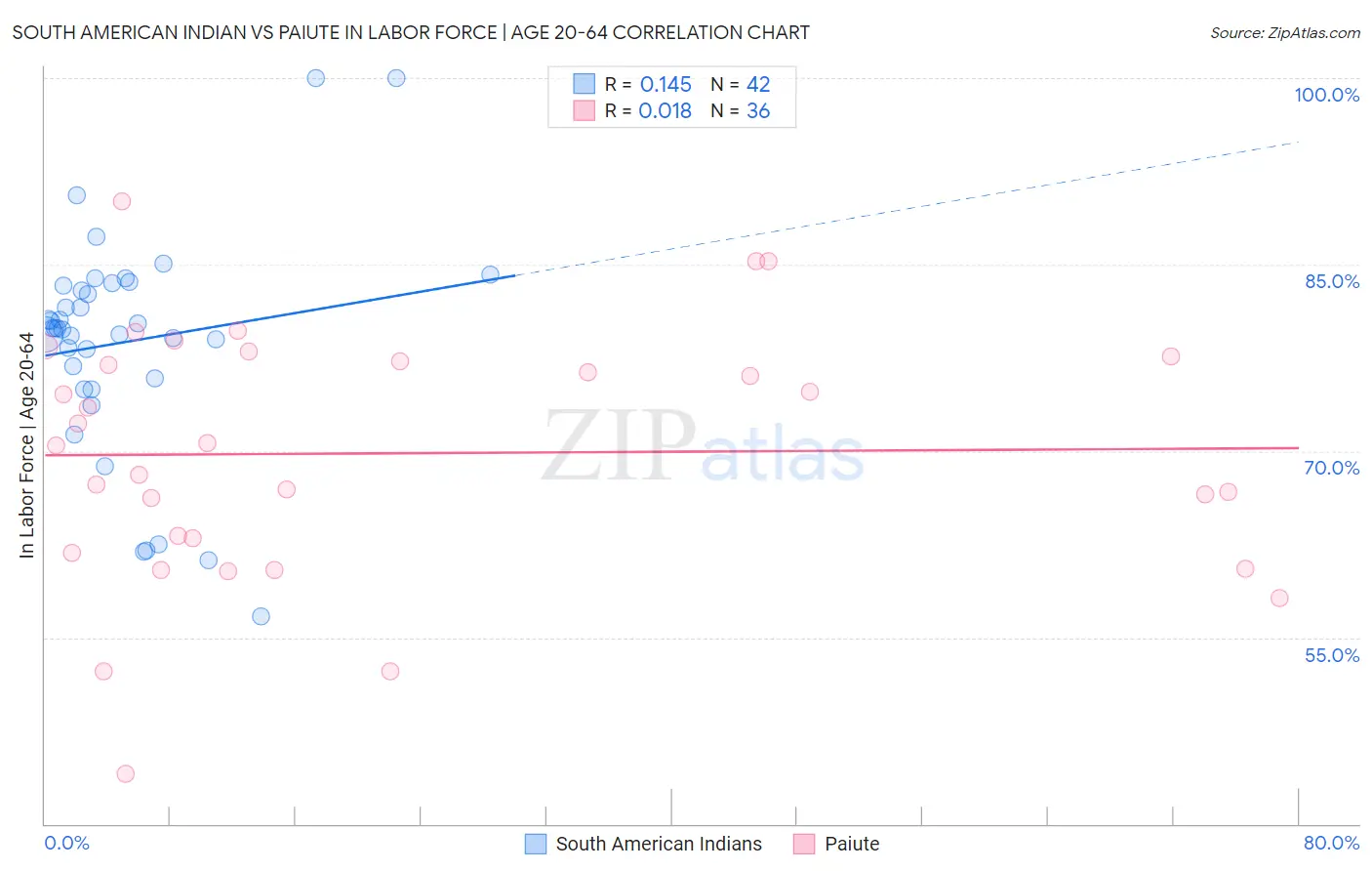 South American Indian vs Paiute In Labor Force | Age 20-64