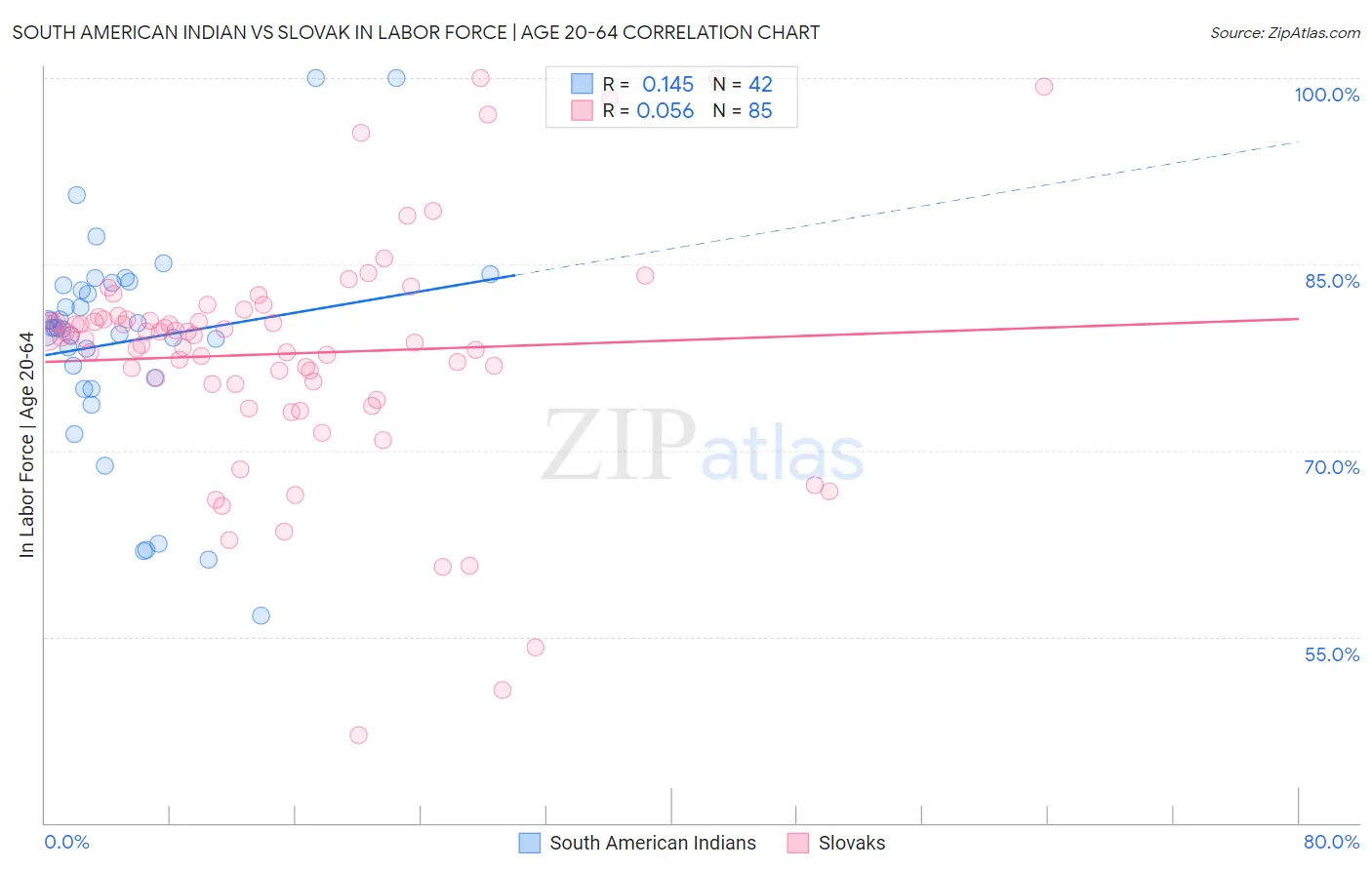 South American Indian vs Slovak In Labor Force | Age 20-64
