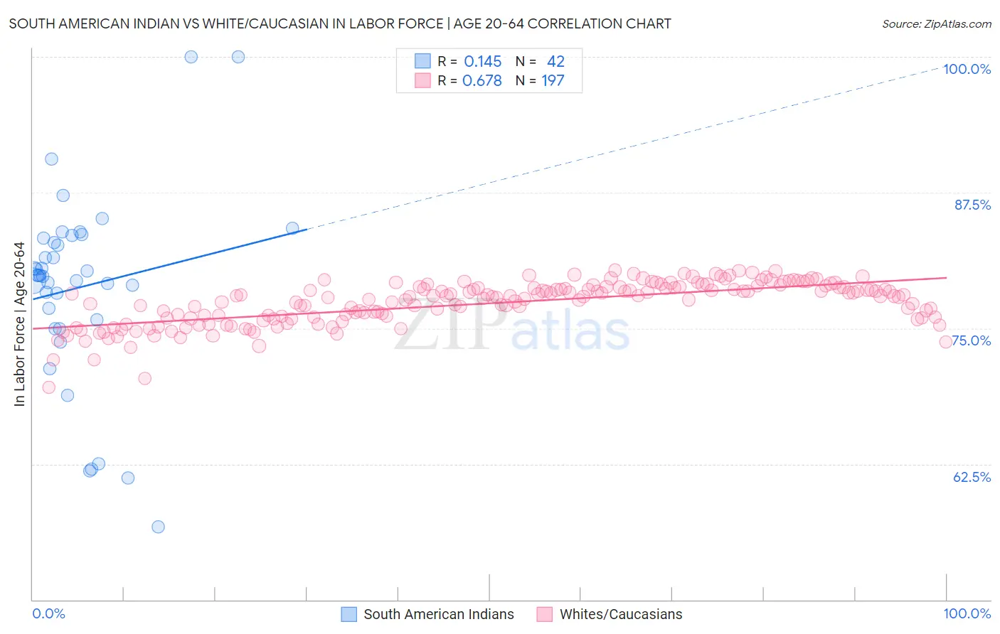 South American Indian vs White/Caucasian In Labor Force | Age 20-64