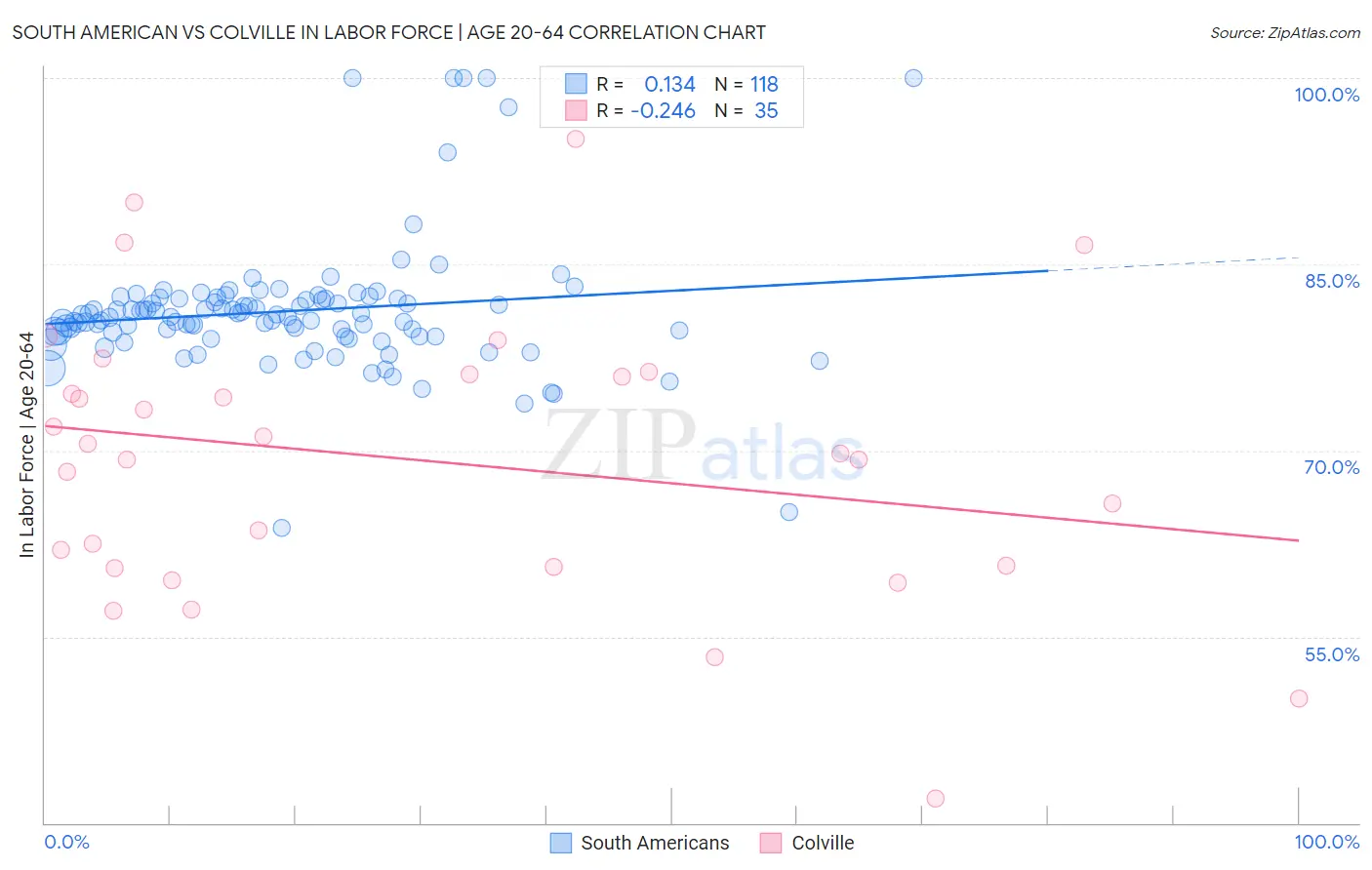 South American vs Colville In Labor Force | Age 20-64