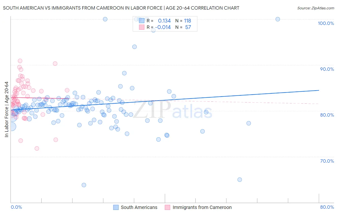 South American vs Immigrants from Cameroon In Labor Force | Age 20-64