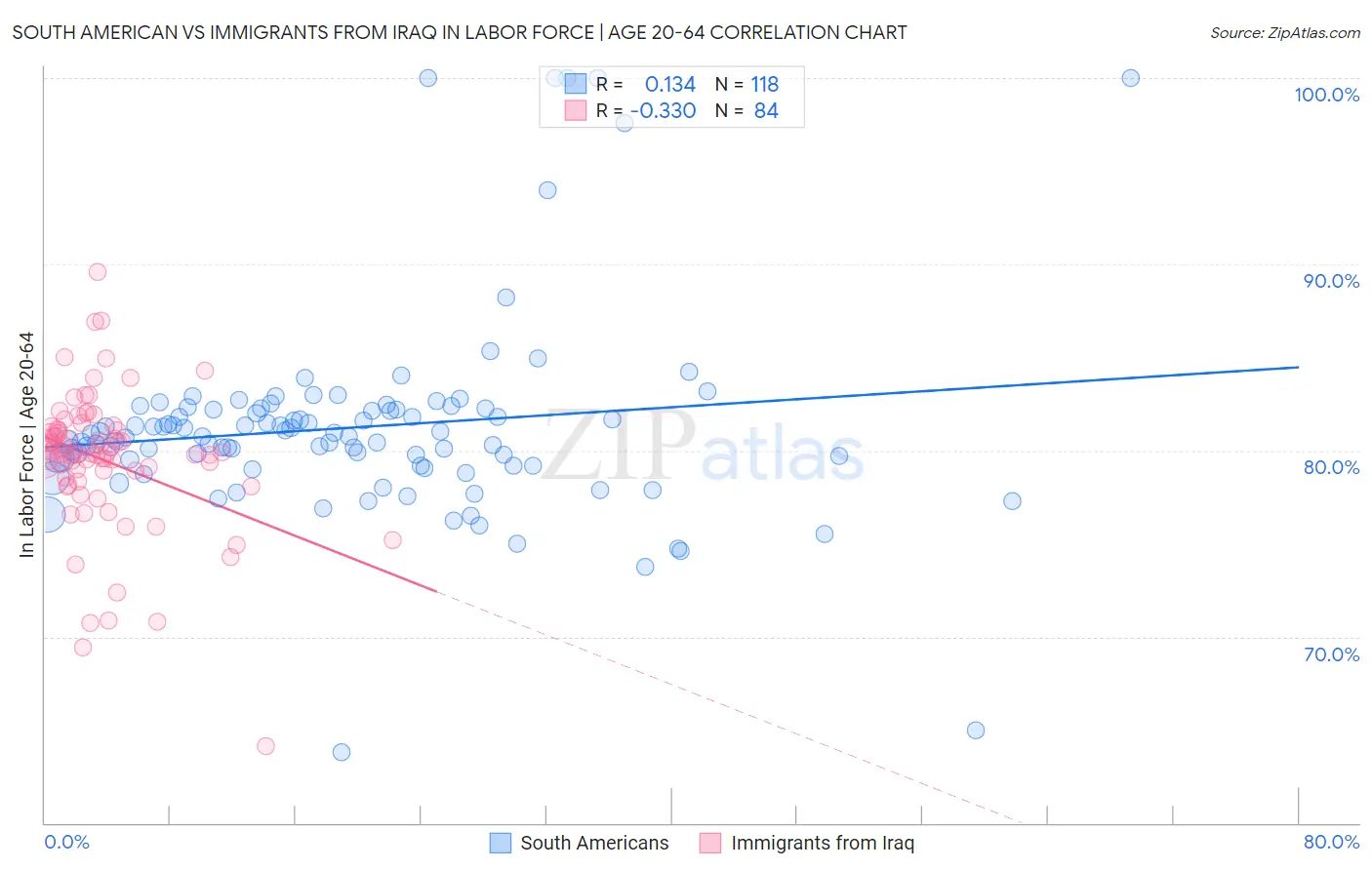 South American vs Immigrants from Iraq In Labor Force | Age 20-64