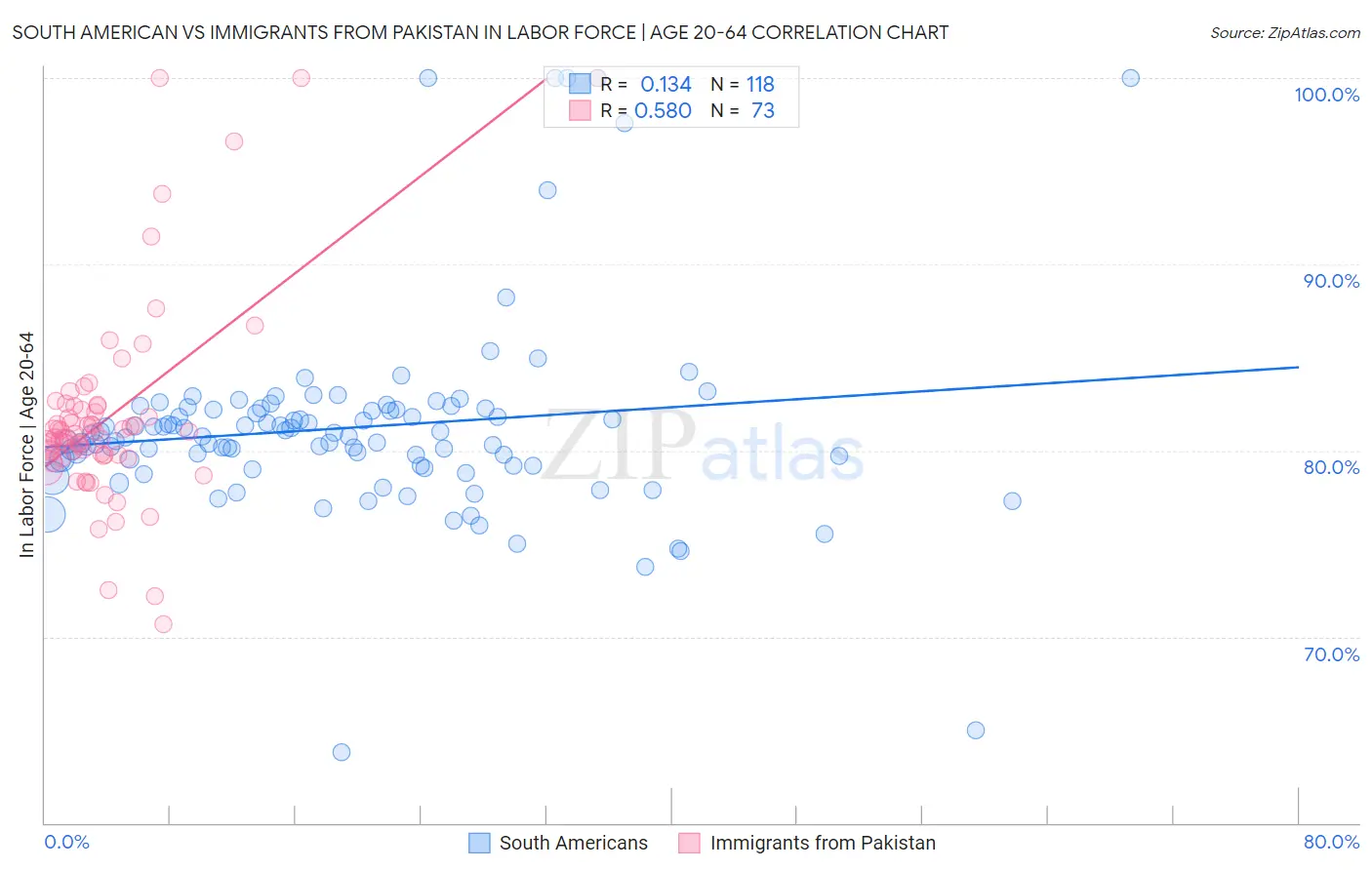 South American vs Immigrants from Pakistan In Labor Force | Age 20-64