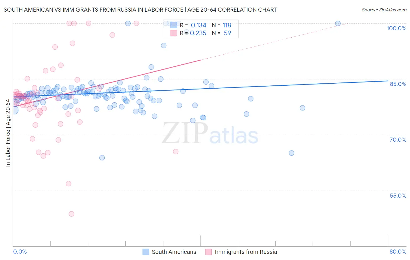 South American vs Immigrants from Russia In Labor Force | Age 20-64