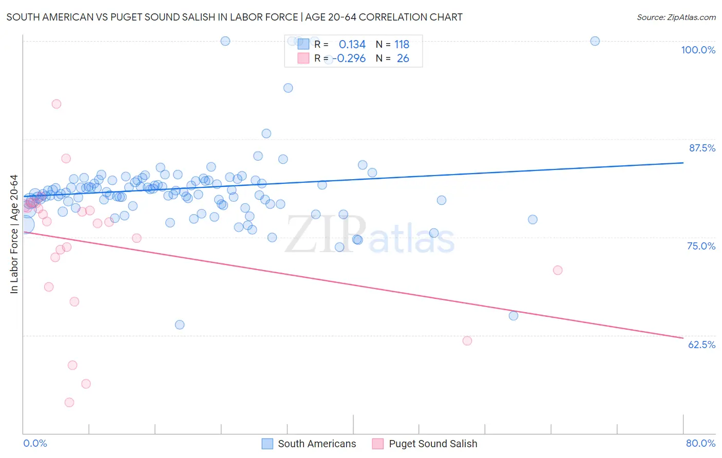 South American vs Puget Sound Salish In Labor Force | Age 20-64