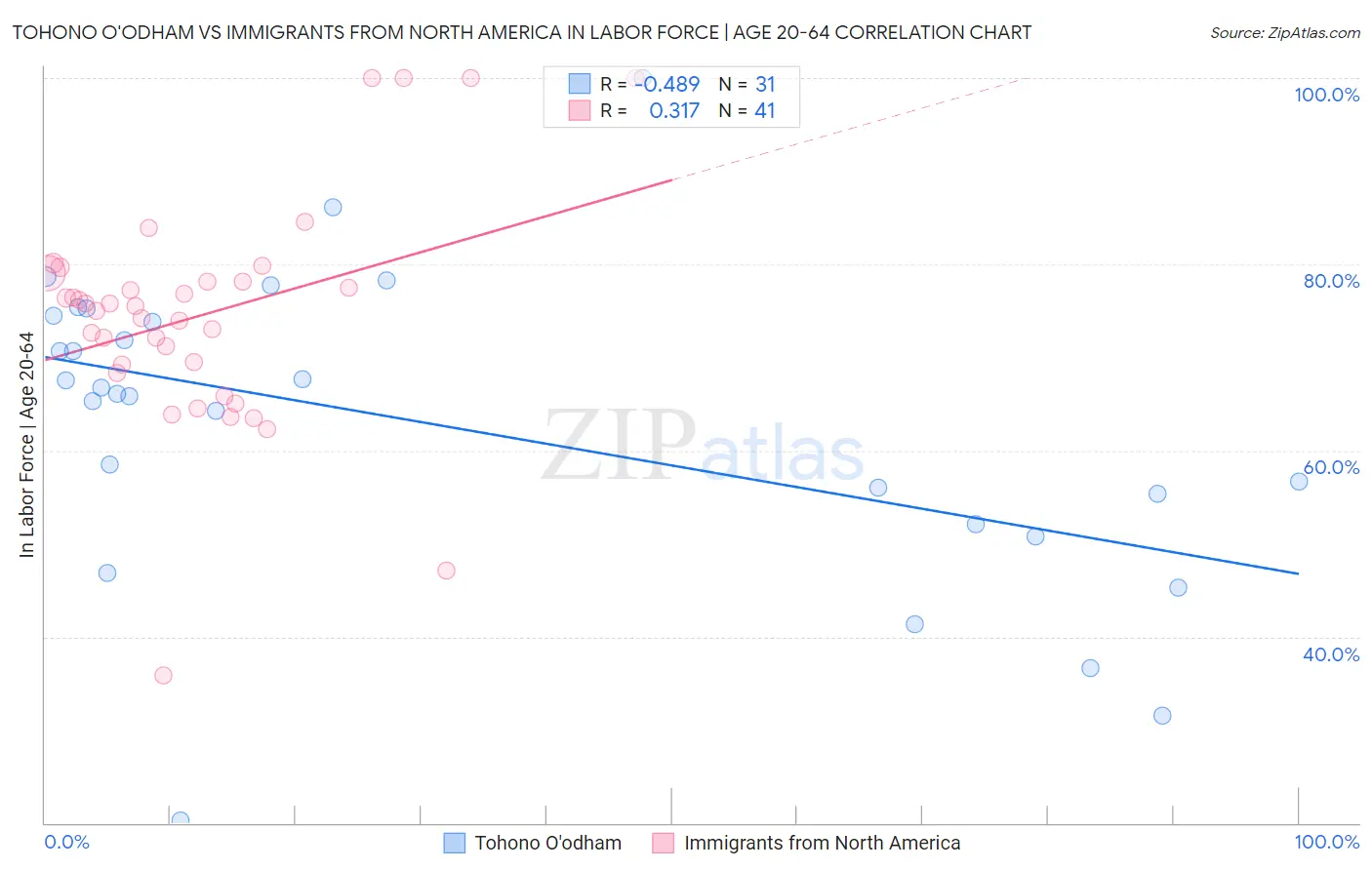 Tohono O'odham vs Immigrants from North America In Labor Force | Age 20-64