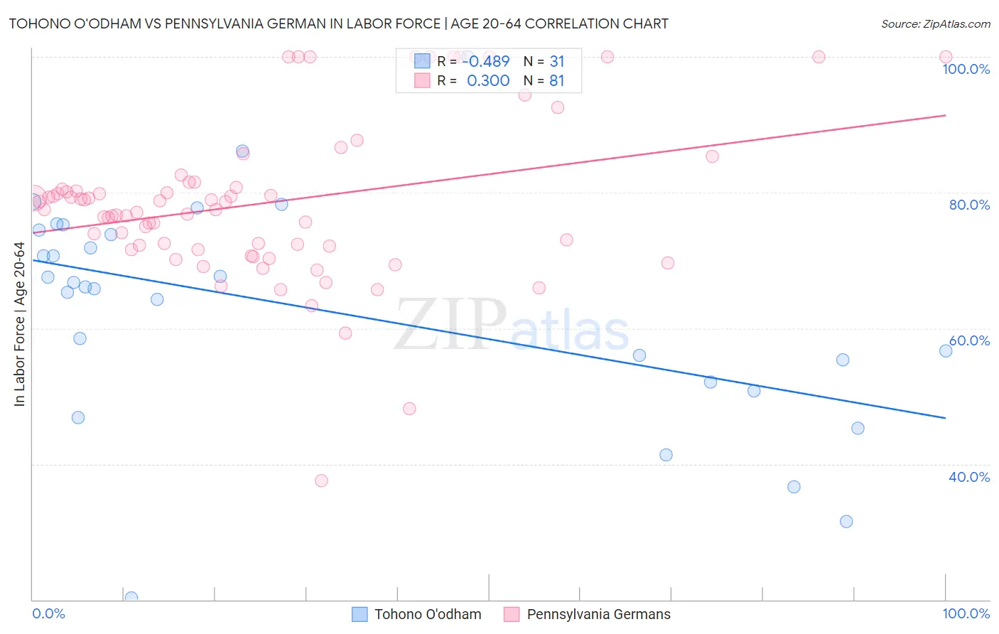 Tohono O'odham vs Pennsylvania German In Labor Force | Age 20-64