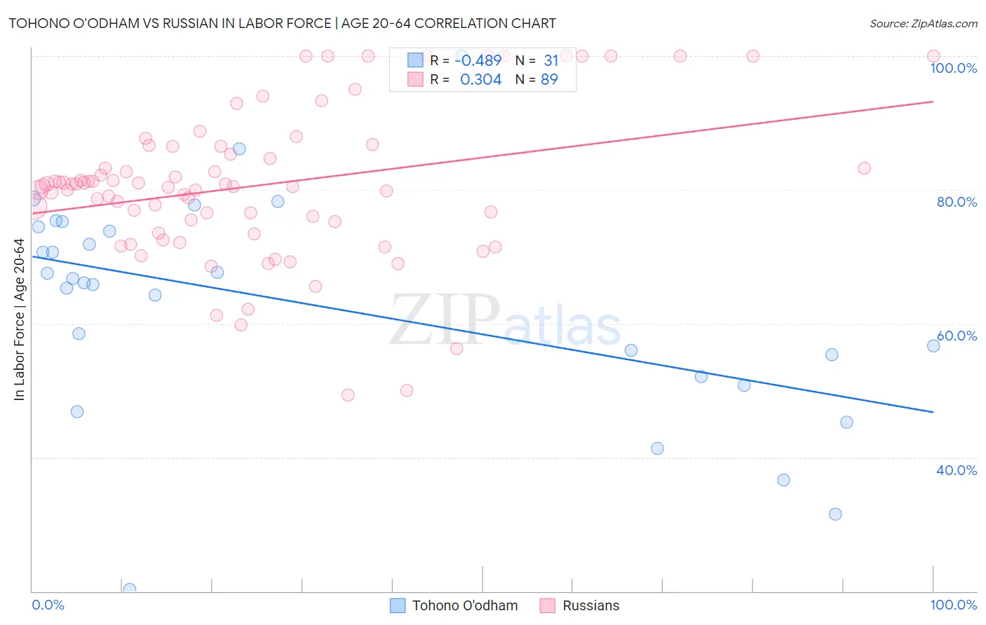 Tohono O'odham vs Russian In Labor Force | Age 20-64