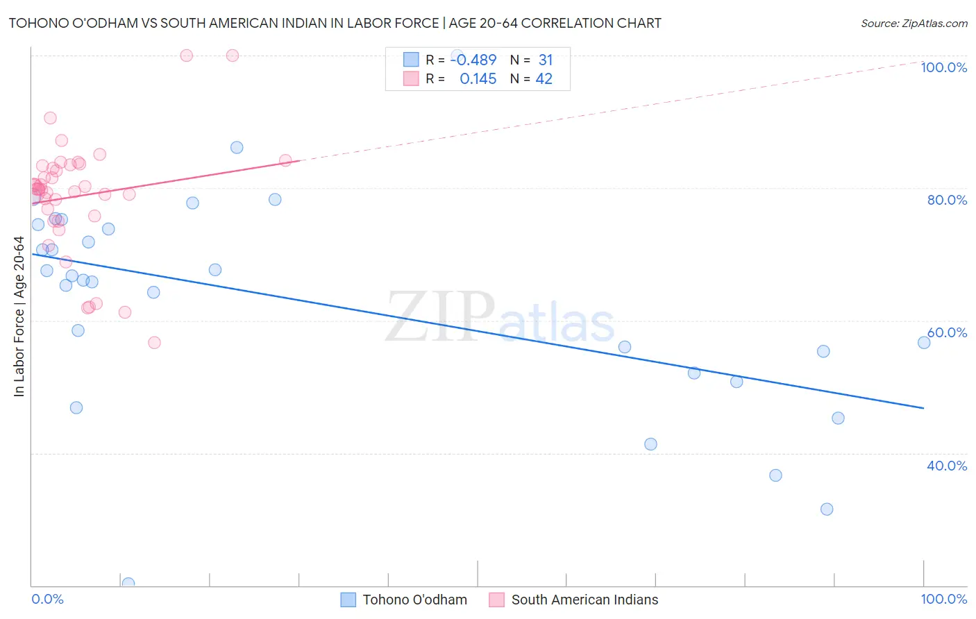 Tohono O'odham vs South American Indian In Labor Force | Age 20-64