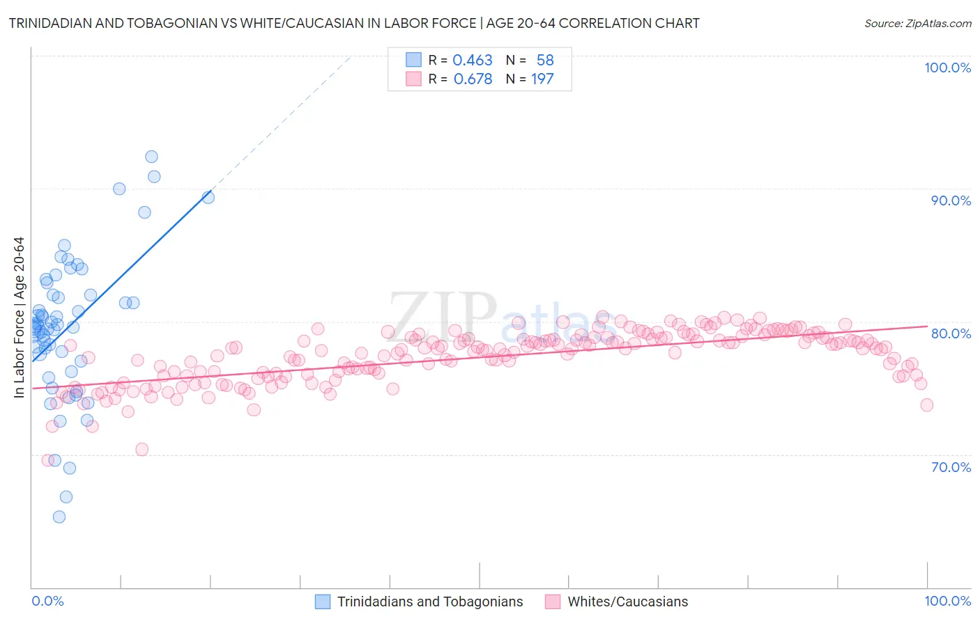 Trinidadian and Tobagonian vs White/Caucasian In Labor Force | Age 20-64