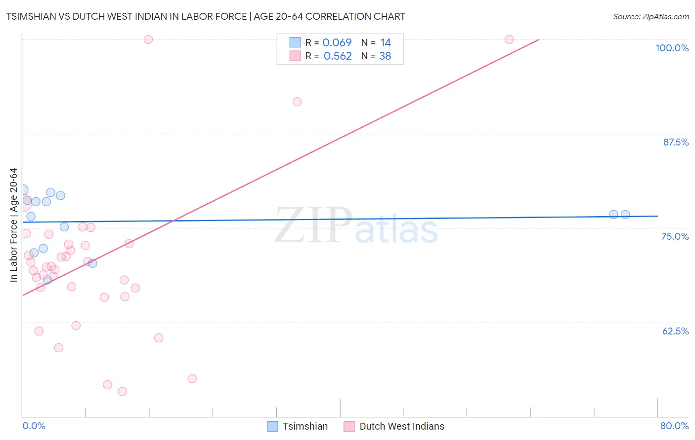 Tsimshian vs Dutch West Indian In Labor Force | Age 20-64