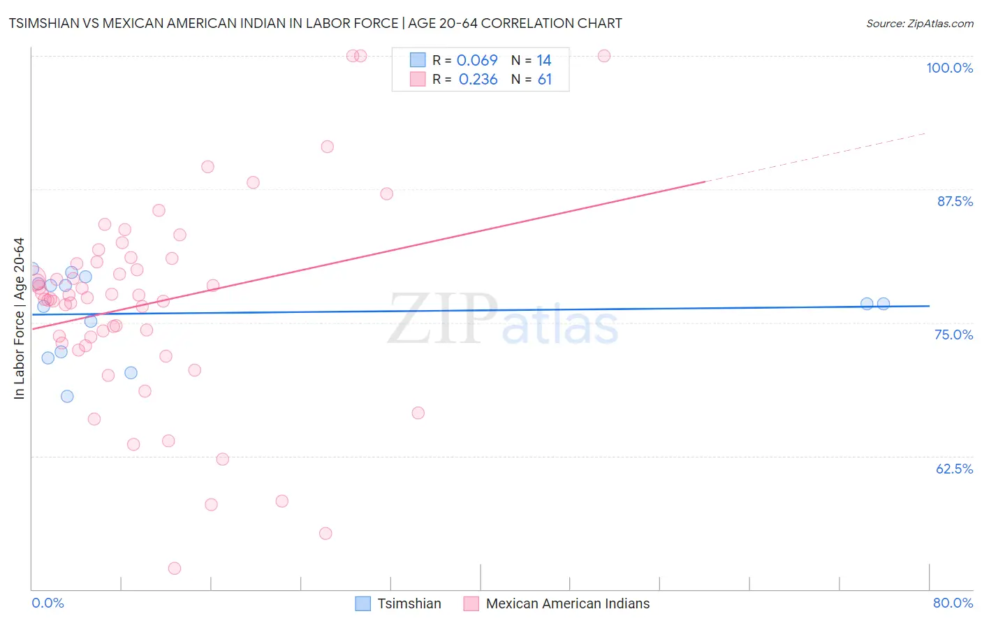 Tsimshian vs Mexican American Indian In Labor Force | Age 20-64
