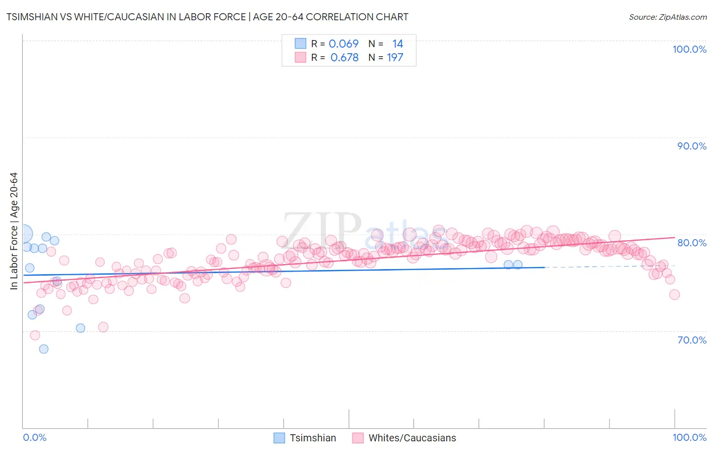 Tsimshian vs White/Caucasian In Labor Force | Age 20-64
