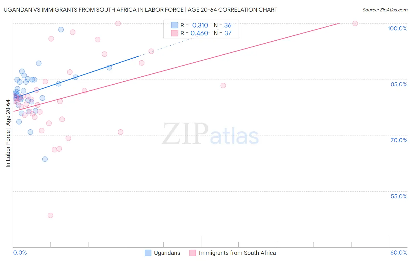 Ugandan vs Immigrants from South Africa In Labor Force | Age 20-64