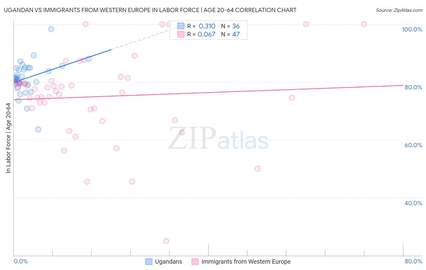 Ugandan vs Immigrants from Western Europe In Labor Force | Age 20-64