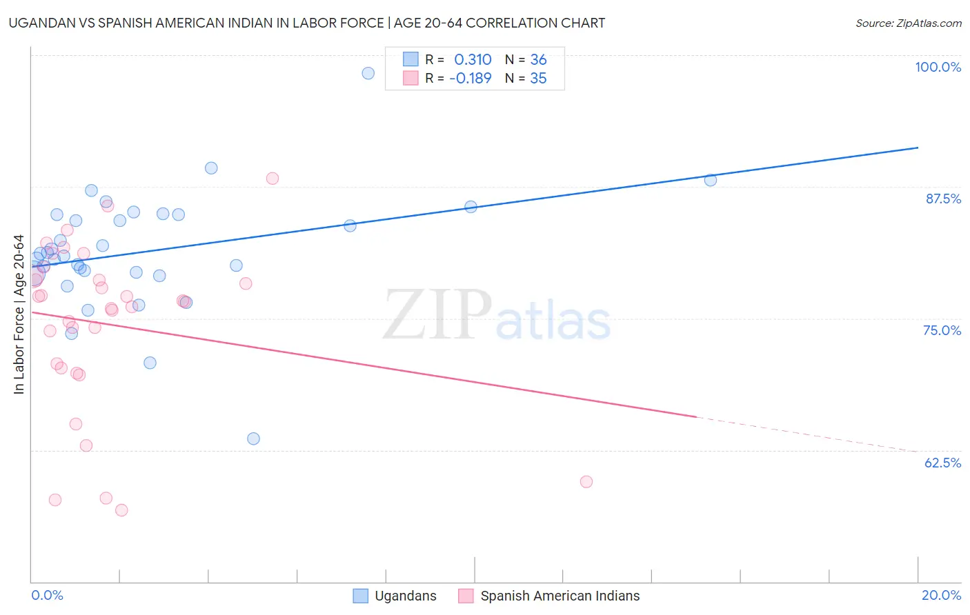 Ugandan vs Spanish American Indian In Labor Force | Age 20-64