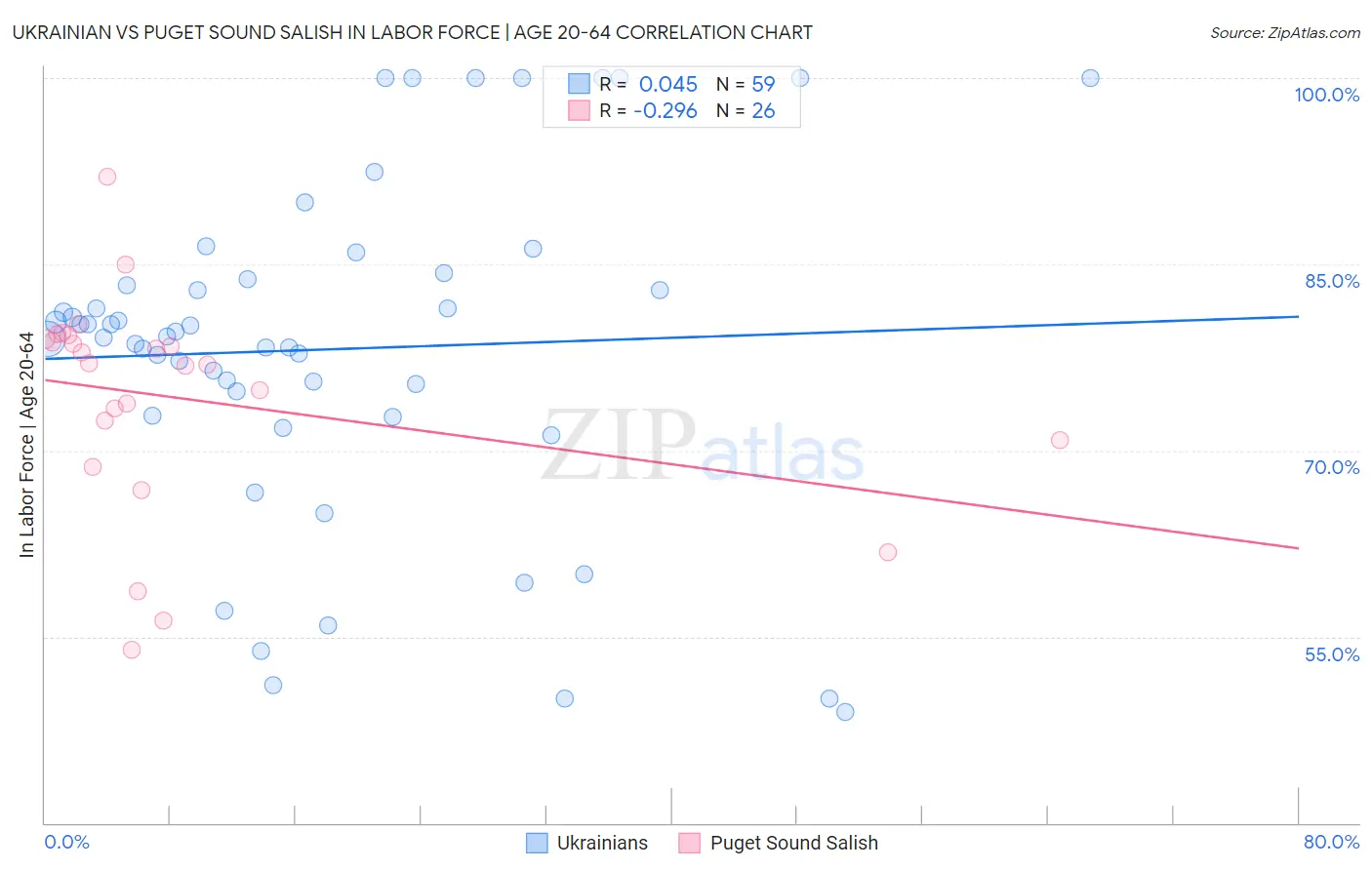 Ukrainian vs Puget Sound Salish In Labor Force | Age 20-64